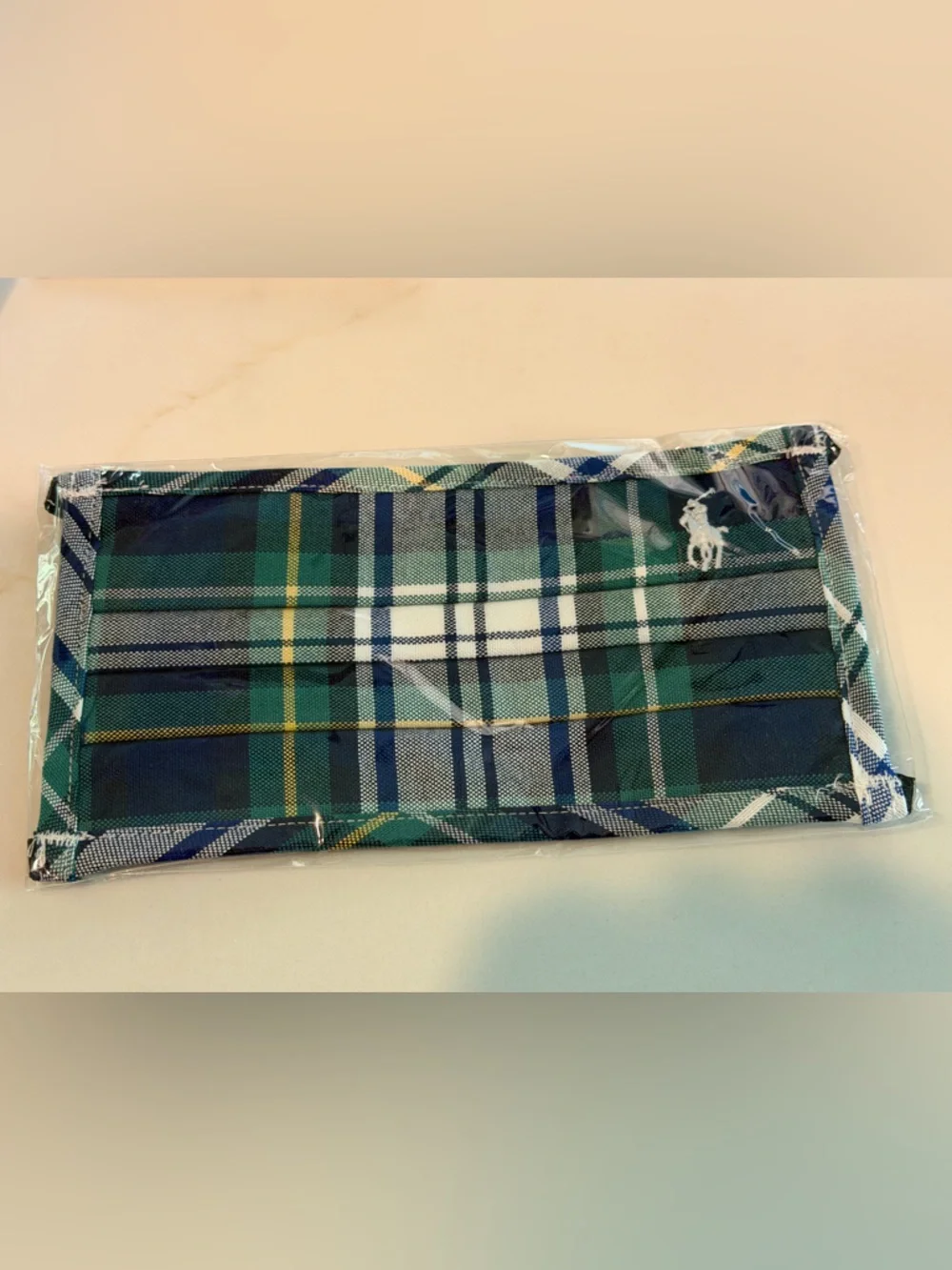 NEW Polo Ralph Lauren Cotton Face Mask Size S/M Green & Blue Plaid With Dust Bag